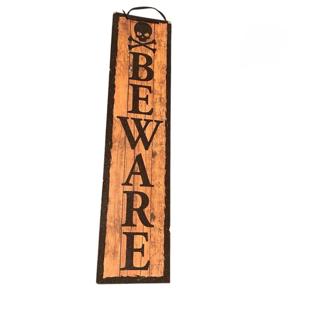 Beware Wooden Sign with Skull Design